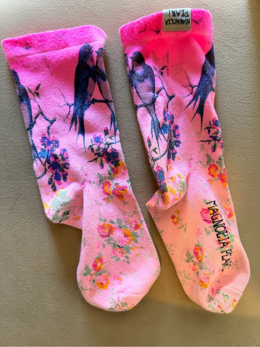 Magnolia Pearl Pink Floral & Bird Crew Socks
